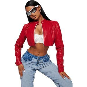 Women's Fashion Faux Leather Jacket Red Short Cropped Slim Zip Up Jackets Coat